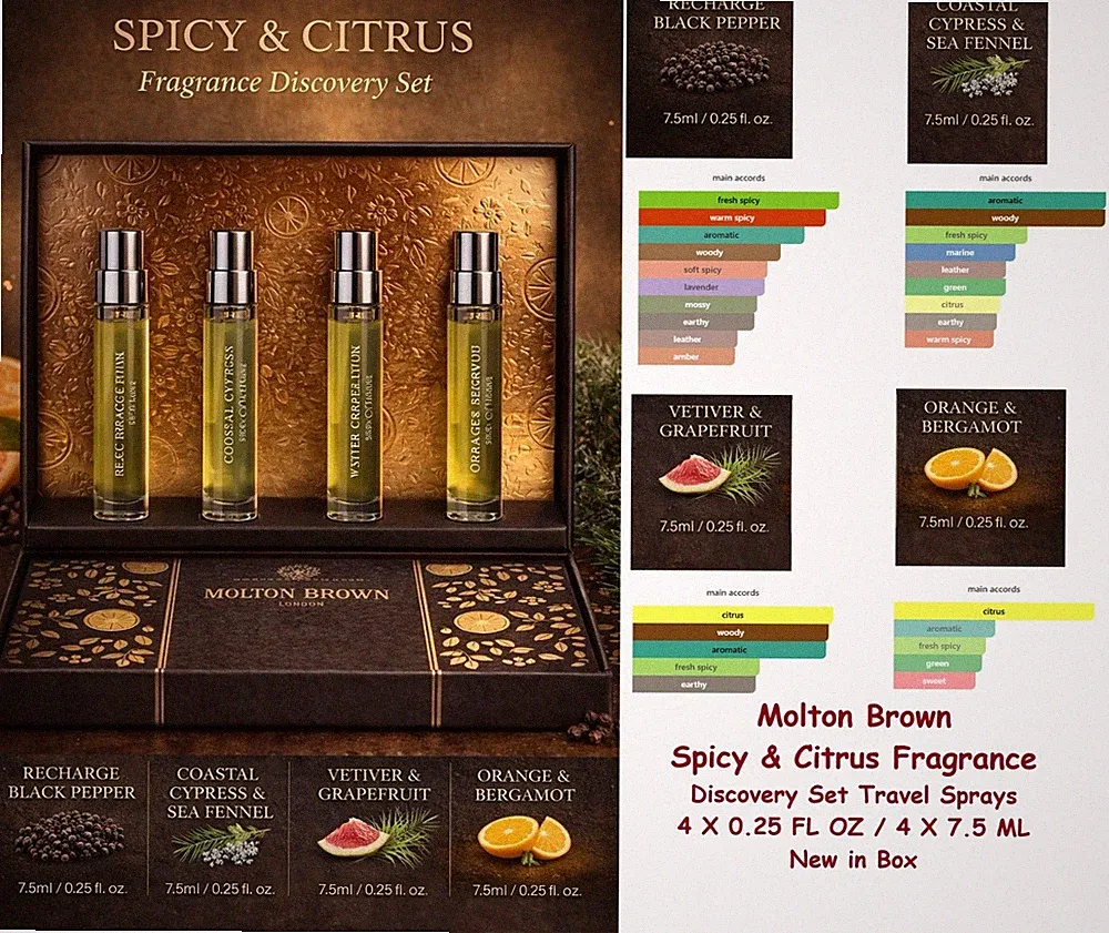 4 PC MOLTON BROWN Spicy & Citrus Fragrance Travel Sprays 4 X 0.25 OZ NIB