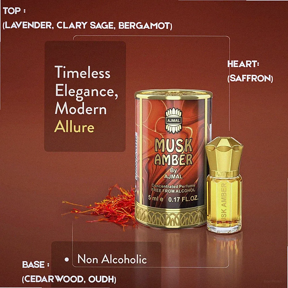 AJMAL Musk Amber Liquid Attar Oil 5ml Woody & Spicy Fragrance For Men